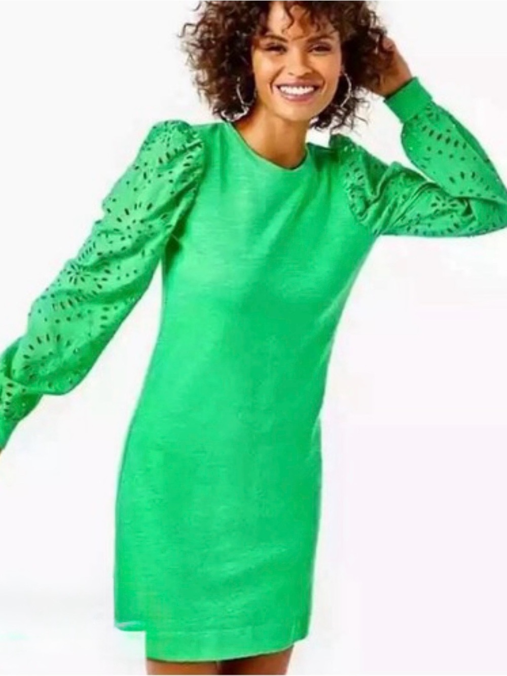 Lilly Pulitzer Bright Green Eyelet Puff-Sleeve Long-Sleeve Shift Dress